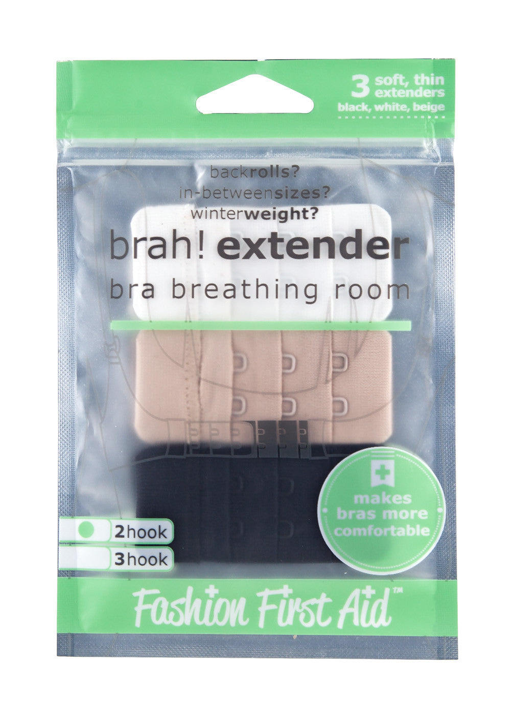 Fashion First Aid Brah! Extender: 2 Hook Bra Band Extension, 3 Pack (White, Beige, Black)